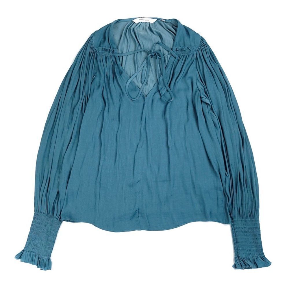 REBECCA TAYLOR Cottagecore Sateen Tie Front Smocked Peasant Blouse Teal Small